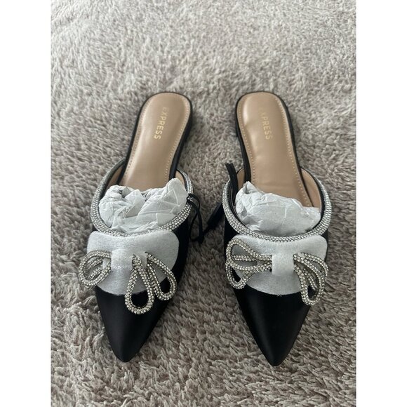 Express Women’s Black Mules Flat  with Bow Detail Size 6 New - Picture 3 of 14